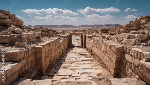 Ancient Petra ruins pathway leading to the horizon under a cloudy sky.