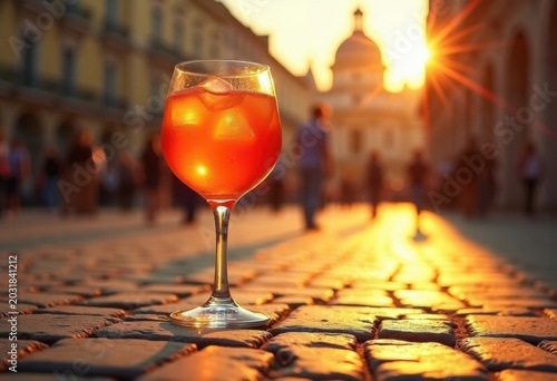 Sunkissed Aperol Spritz in Elegant Wine Glass Against Iconic European Piazza Architecture