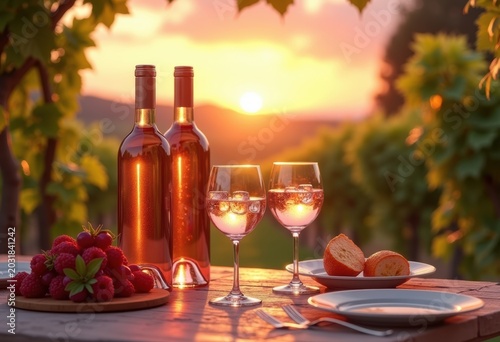 Sunset Vineyard Terrace Adorned with Rose Wine Elegance at Golden Hour