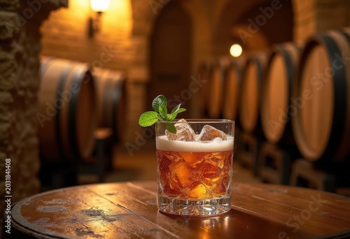 Traditional Spanish Bodega Showcasing Authentic Sherry Selection with Aging Casks Wooden Beams Vinegar Barrels