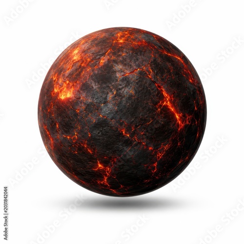 Realistic lava exoplanet sphere dark basalt crust with glowing molten cracks subtle volcanic surface texture floating centered composition isolated on pure white background