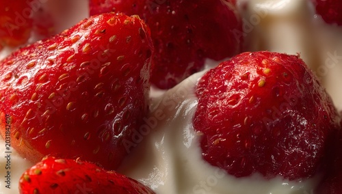 Close-up of Fresh Strawberries with Creamy Yogurt Dessert.