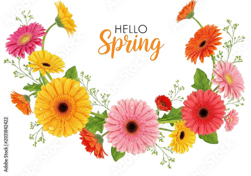 Hello spring text surrounded by a semi-circular arrangement of colorful gerbera daisy flowers and green leaves on a black background