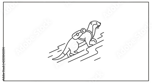 Cute Otter with Backpack Climbing Rocks, Adventure and Outdoors Concept