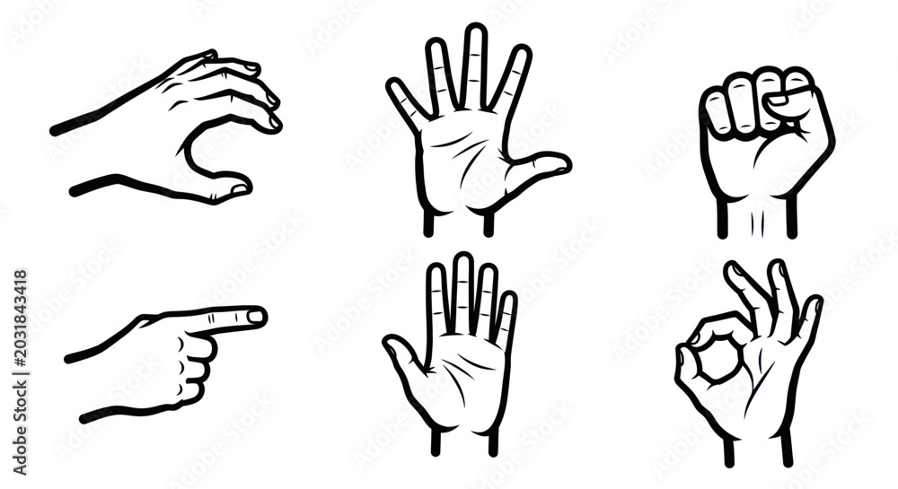 Fototapeta premium Collection of Six Hand Gestures Icons: Open Palm, Pointing, Fist, OK Sign