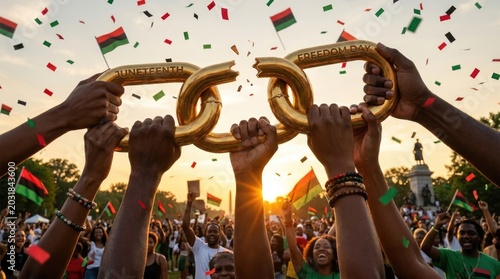 Juneteenth, U.S. federal holiday commemorating emancipation of slaves in United States, observed June 19, celebrating freedom, liberation, remembrance, with a symbolic broken golden chain.