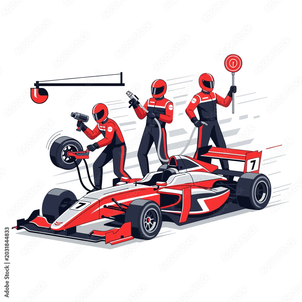 Naklejka premium Formula racing car pit stop with crew illustration