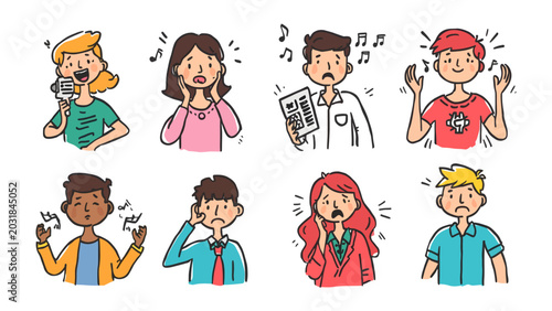 Εκτύπωση καμβά Emotions on Display: A collection of cartoon characters express a spectrum of human emotions, from excitement and singing to shock, confusion, and worry, capturing the diverse range of feelings