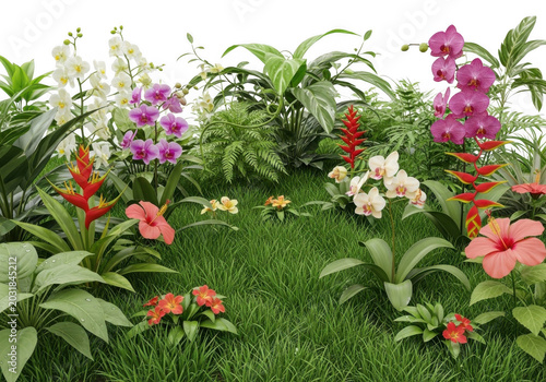 Lush green grass field with blooming white and purple orchids, red heliconia, and pink hibiscus flowers against a black background
