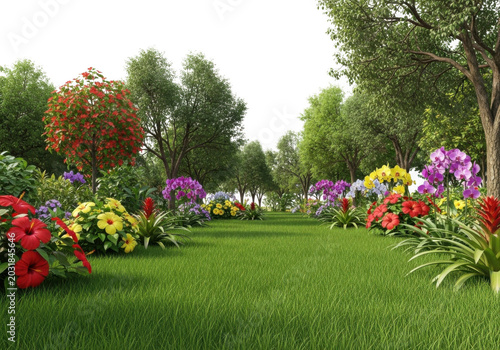Lush green grass field with vibrant hibiscus, orchids, and bromeliad flowers surrounded by leafy trees against a black background