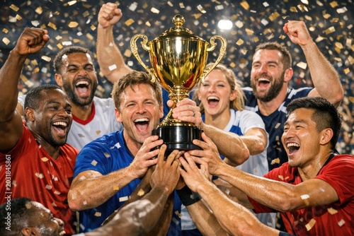 A group of soccer players holding a trophy together, celebrating their victory