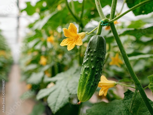 Fresh cucumber growing in greenhouse with yellow flowers.