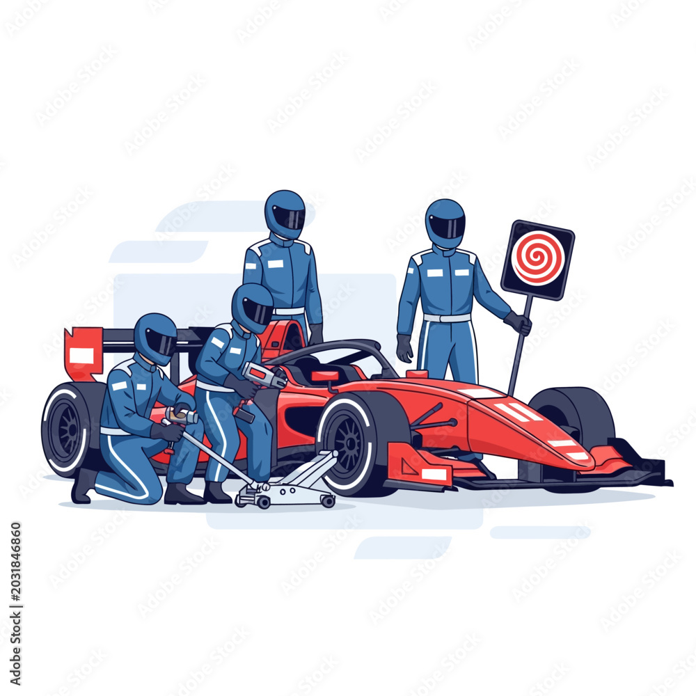 Naklejka premium Formula racing crew servicing race car, illustration