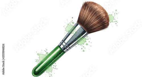 Makeup brush with brown bristles and a green handle, isolated on a black background, with light green, paint splatters and, ink dots