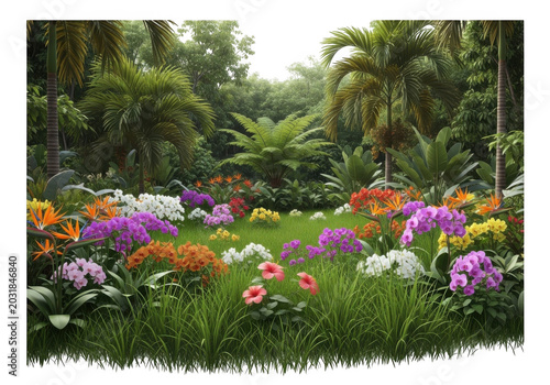 Lush tropical garden with vibrant purple, orange, and white flowers, green grass, palm trees, and dense foliage in a sunny outdoor setting