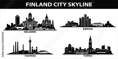 Canvastavla Black city skylines of Helsinki, Espoo, Tampere, Turku in Finland