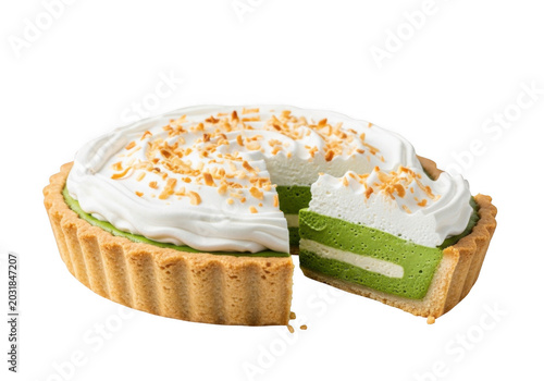 Matcha green tea cream pie with a golden brown crust, topped with whipped cream and toasted coconut flakes, isolated on a black background