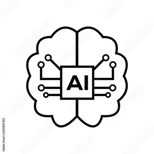 Minimal artificial intelligence brain icon with circuit lines and AI chip in modern outline style.