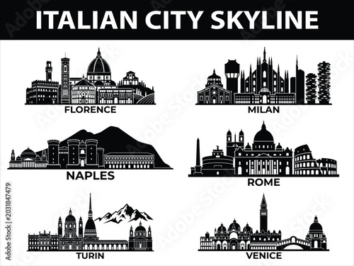 Italian city skylines in black silhouette set