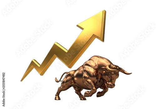 Metallic bronze bull statue standing below a bright gold upward trending arrow symbol isolated on a solid black background