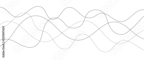 Curved black long lines seamless wave pattern. Thin line wavy abstract vector background. Wavy line horizontal divider wavy pattern. Curve line art striped. Abstract wave elements. Vector illustration