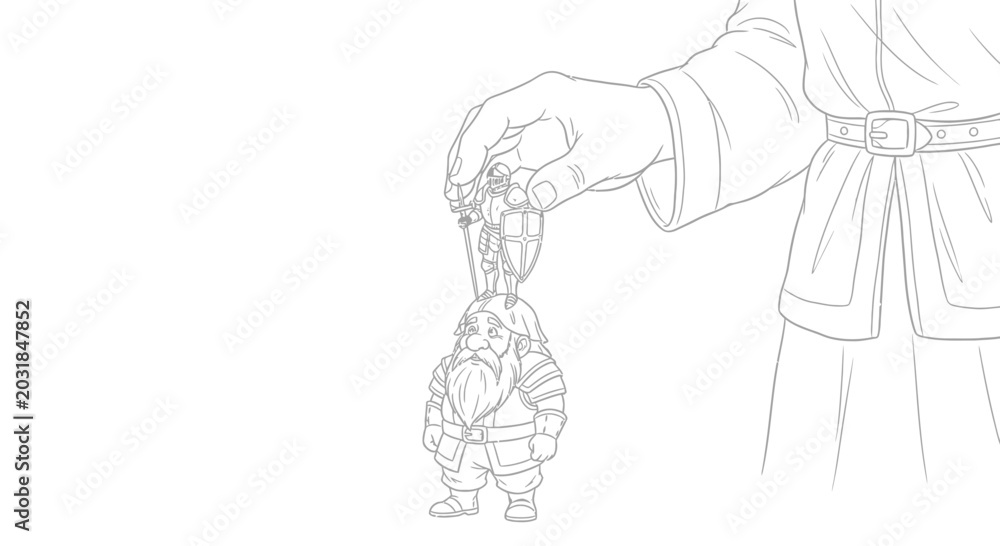 Fototapeta premium Hand holding a dwarf figurine keychain, fantasy character, detailed drawing