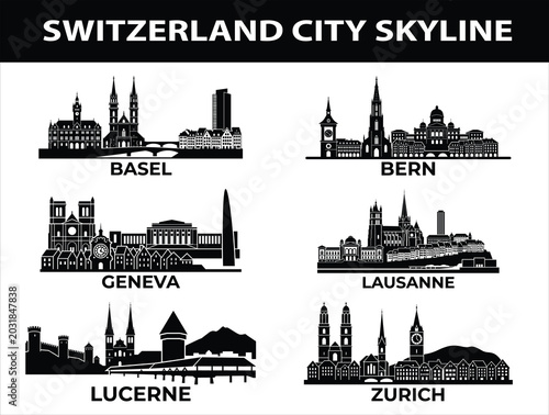Switzerland city skylines in black