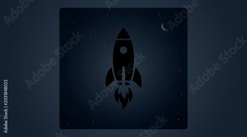 Silhouetted rocket launch against night sky with crescent moon