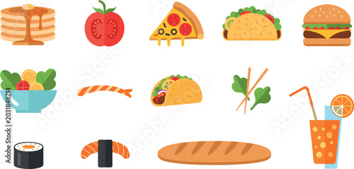 Bild auf Leinwand Food Illustration Featuring Diverse Cuisine and Meal Scenes in Vector Artwork