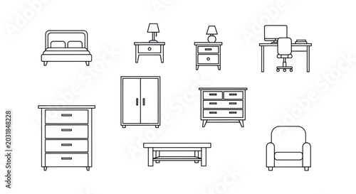 Modern Furniture Line Art Set: Bed, Desk, Wardrobe, Chair, Table