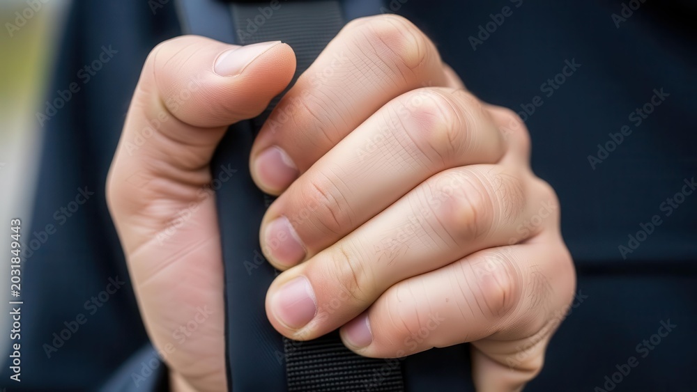Obraz premium A close-up shot of a person's hand firmly gripping a dark strap or handle, with a blurred background.
