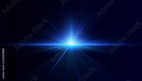 Blue light source creating a glowing futuristic horizon with converging lines. An abstract concept for technology and innovation