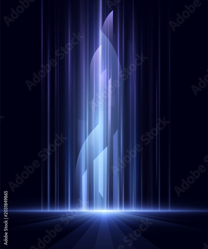 Abstract vertical blue and purple light beams creating a powerful upward energy flow from a glowing horizon line on a dark background