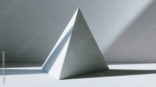 Minimalist White Geometric Pyramid With Dramatic Diagonal Shadow on Clean White Background