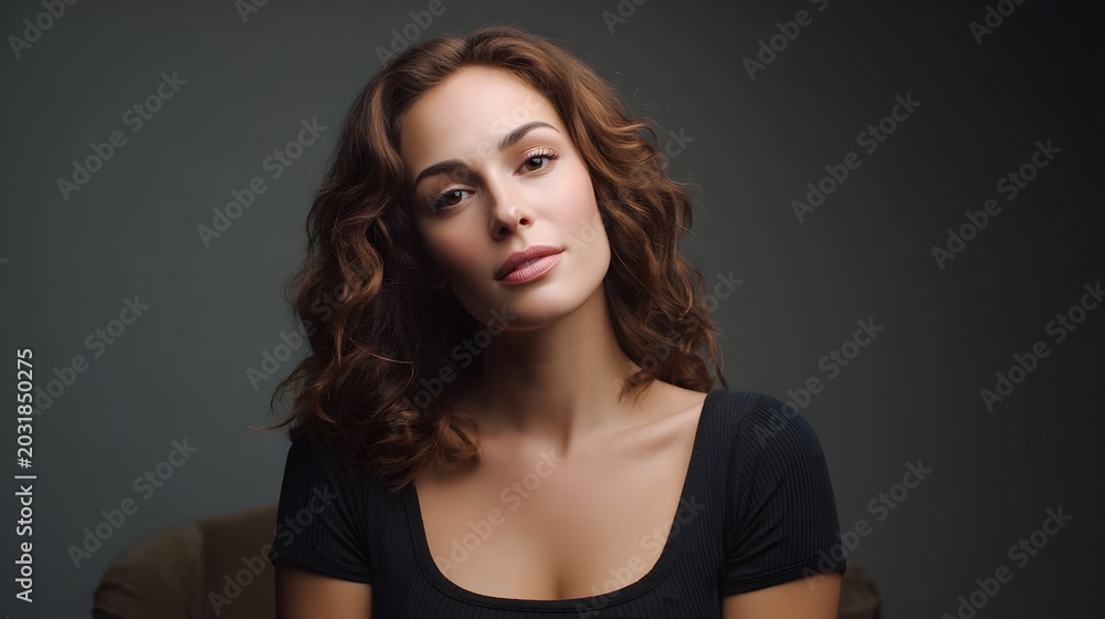 Naklejka premium A stylish portrait of a woman with wavy hair in a dark moody studio setting