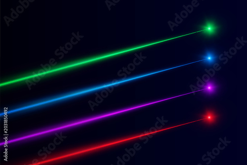 Colorful laser beams with bright glowing points on a dark background. Vector light effect for stage shows, concerts, sci-fi scenes and dynamic overlays.
