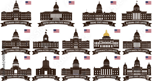 Tableau sur toile American State Capitol and State House Building Silhouette Collection with USA F