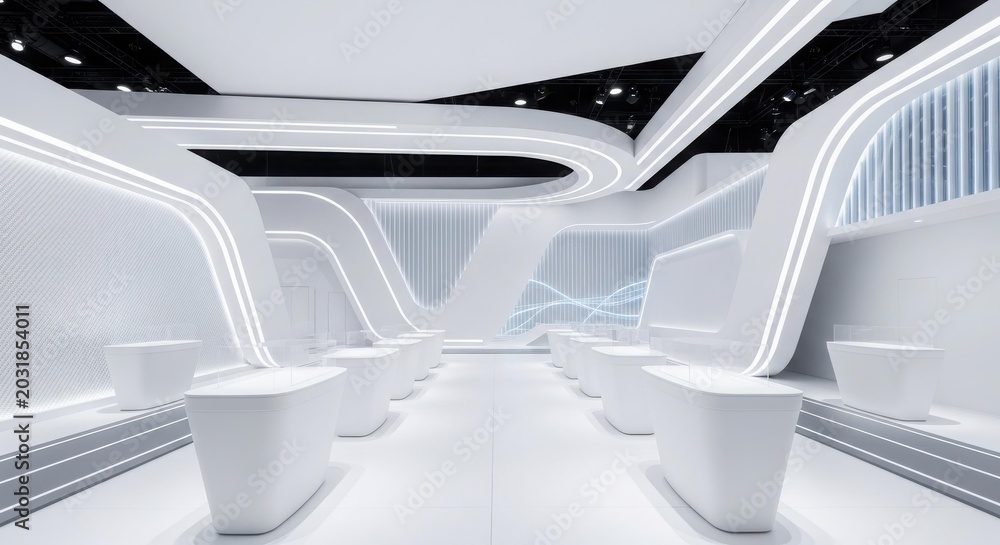 Fototapeta premium A modern, futuristic white interior space with sleek curved architecture and integrated LED lighting, featuring rows of minimalist seating units.