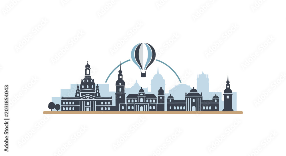 Obraz premium Dresden Germany city skyline with hot air balloon illustration