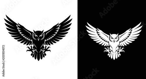 Flying owl mascot logo with spread wings and talons