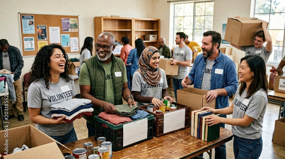 Obraz premium Diverse volunteers happily sorting donations, demonstrating community service and teamwork for a charitable cause.