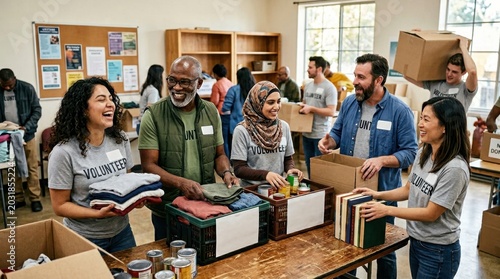 Diverse volunteers happily sorting donations, demonstrating community service and teamwork for a charitable cause.