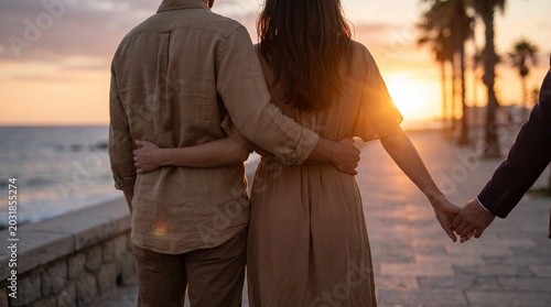 Infidelity concept with a woman secretly holding a lover's hand while embracing her partner
