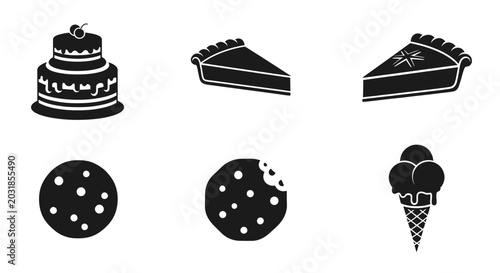 Schilderij op canvas Dessert Icons: Cake, Pie Slices, Cookies, Ice Cream Cone - Vector Set