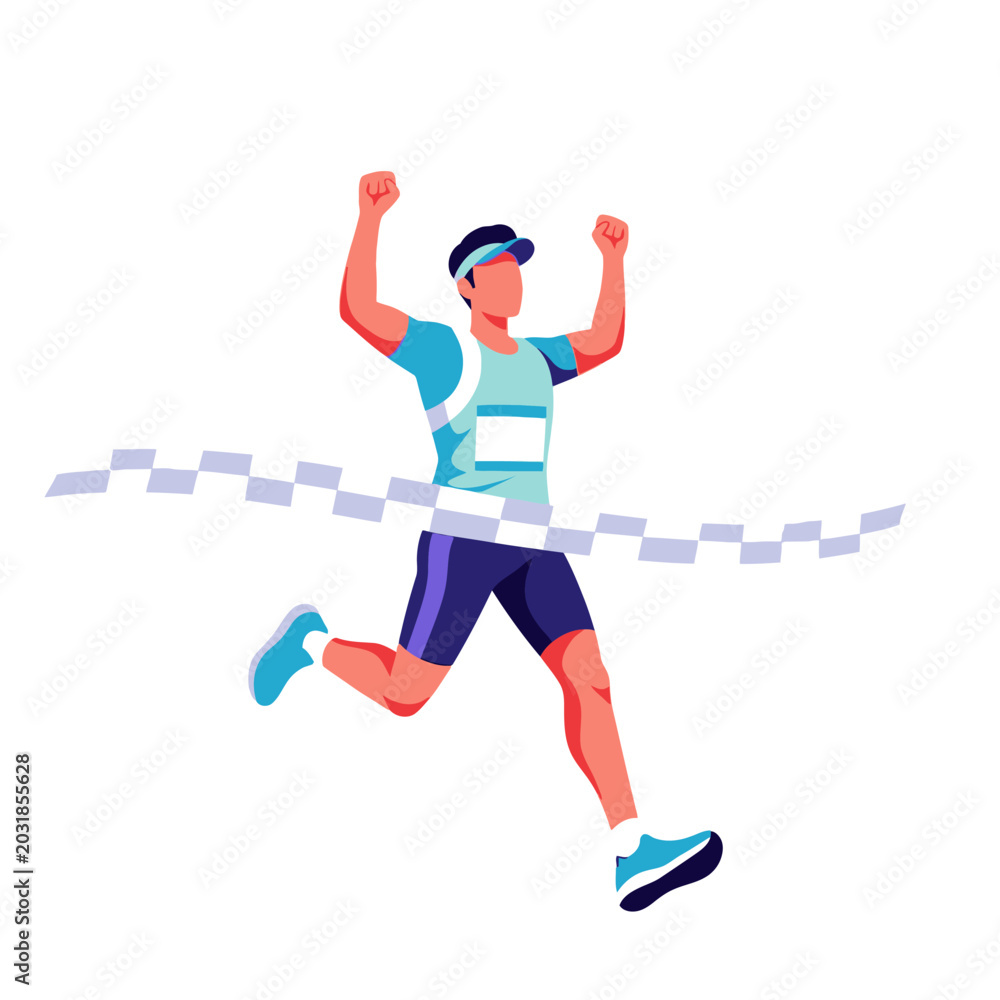 Obraz premium Marathon Winner Crossing Finish Line, Cartoon Illustration