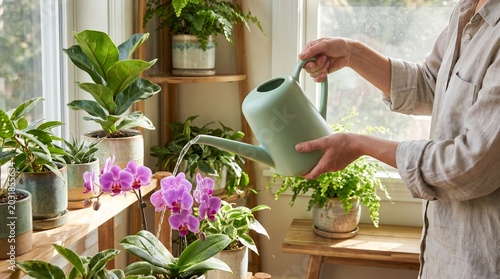 Woman watering indoor house plants including a pink orchid in a bright sunlit room