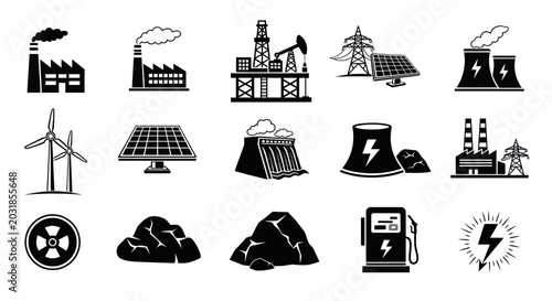 Tableau sur toile Renewable and Fossil Fuel Energy Sources Icons Set