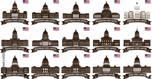 American State Capitol Building Silhouette Collection with USA Flag and Ribbon Banner Brown Vector Illustration Set