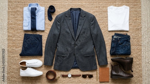 Men's smart casual outfit flat lay on a rug, featuring a tweed blazer, jeans, shirt, tie, shoes, watch, sunglasses, and accessories.