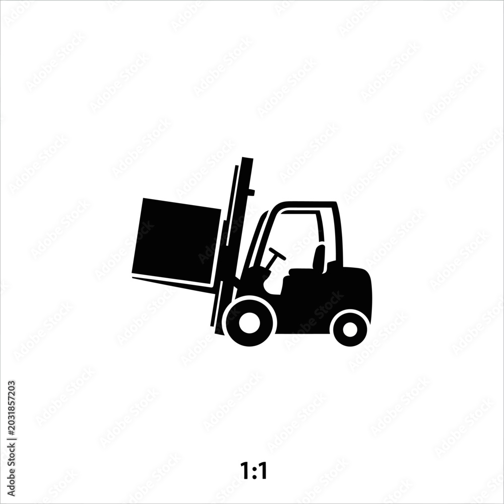 Naklejka premium Black forklift icon lifting a box on white backdrop